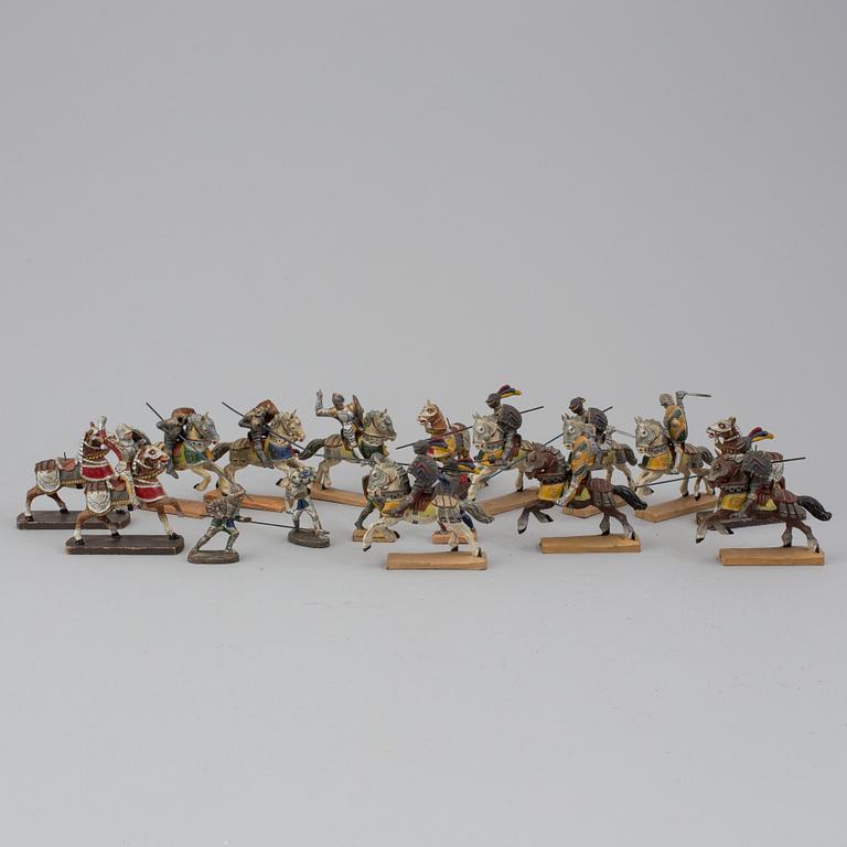 A 26 piece collection of toy knights and horses, mainly Lineol from Germany, mid 20th century.