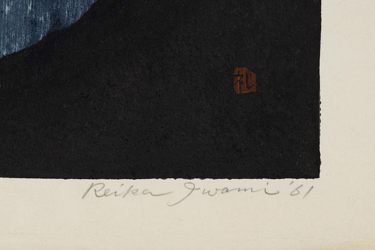 Reika Iwami, two woodblock prints in colours, 1961, signed.