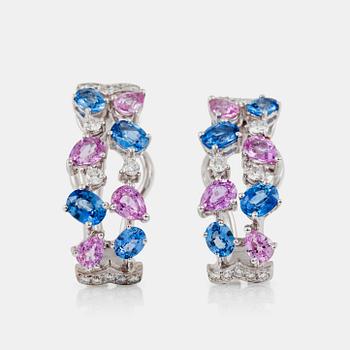 A pair of blue sapphire, pink sapphire and brilliant-cut diamond earrings.