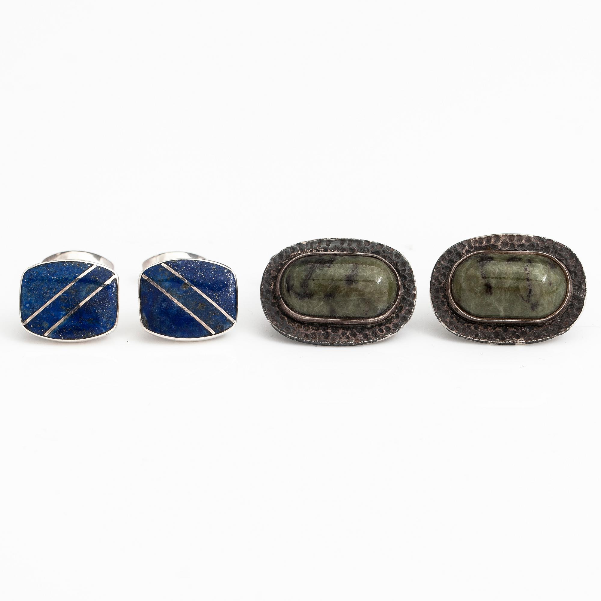 Two pairs of silver cufflinks, one pair with lapis lazuli and one pair with jade.