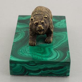 A Nicholas II malachite-veneered and bronze paperweight, late 19th century.