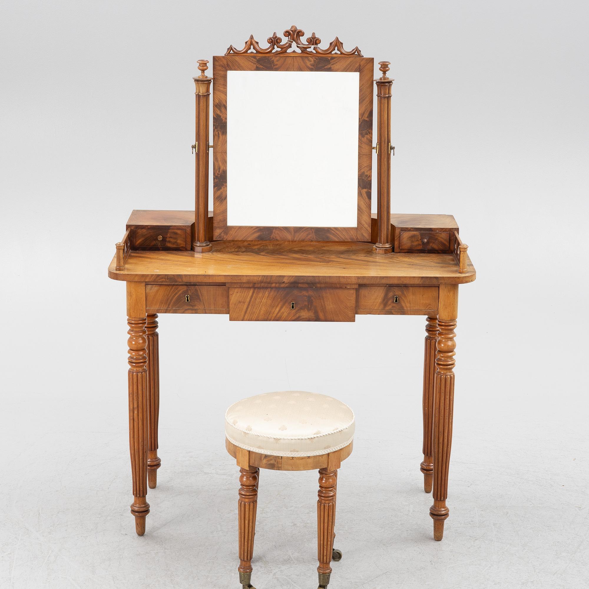 Dressing table with stool, Empire/Gothic Revival, circa mid-19th Century.