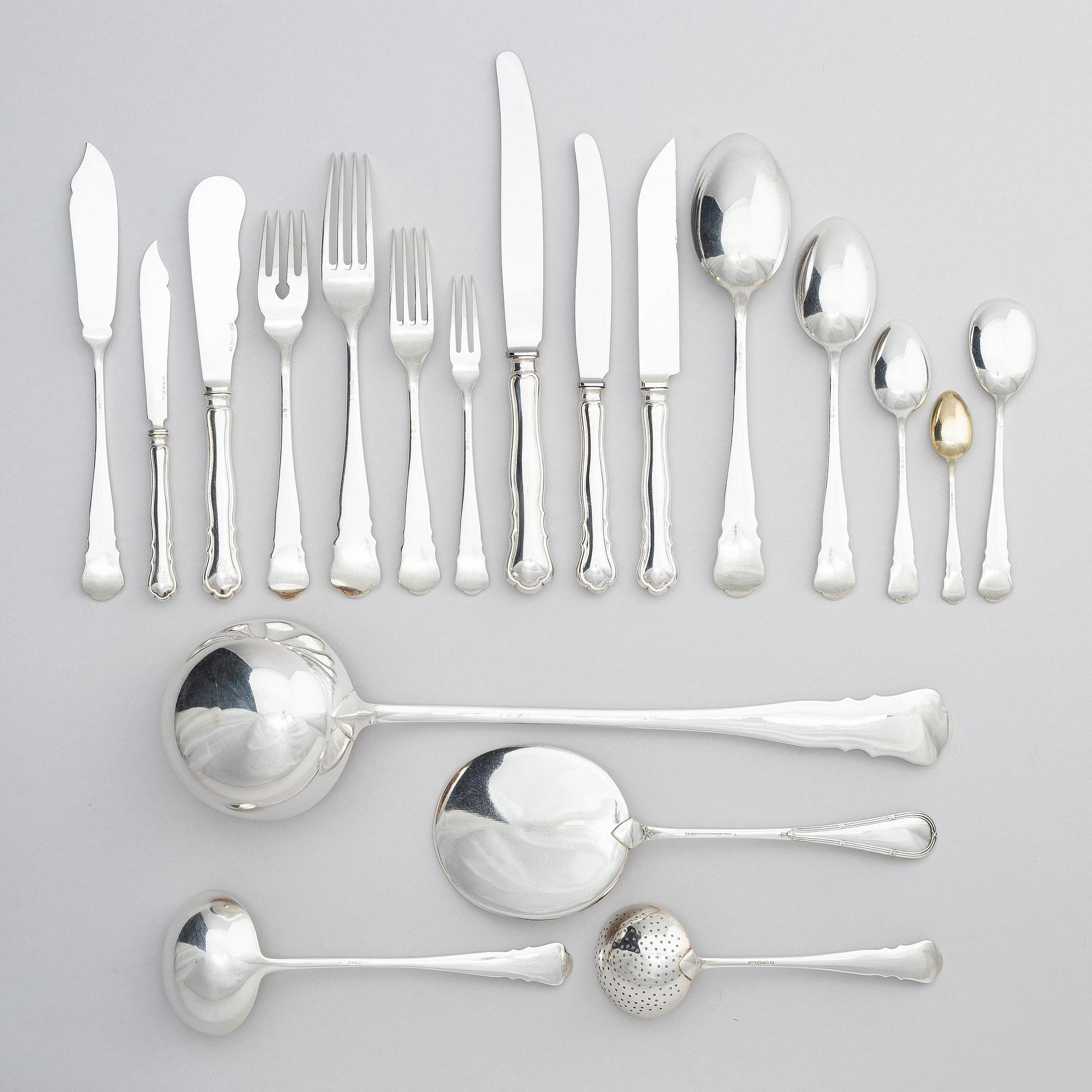 A Swedish 156 piece silver table-cutlery with wood box, mark of company Nordiska Kompaniet, Stockholm 1917.