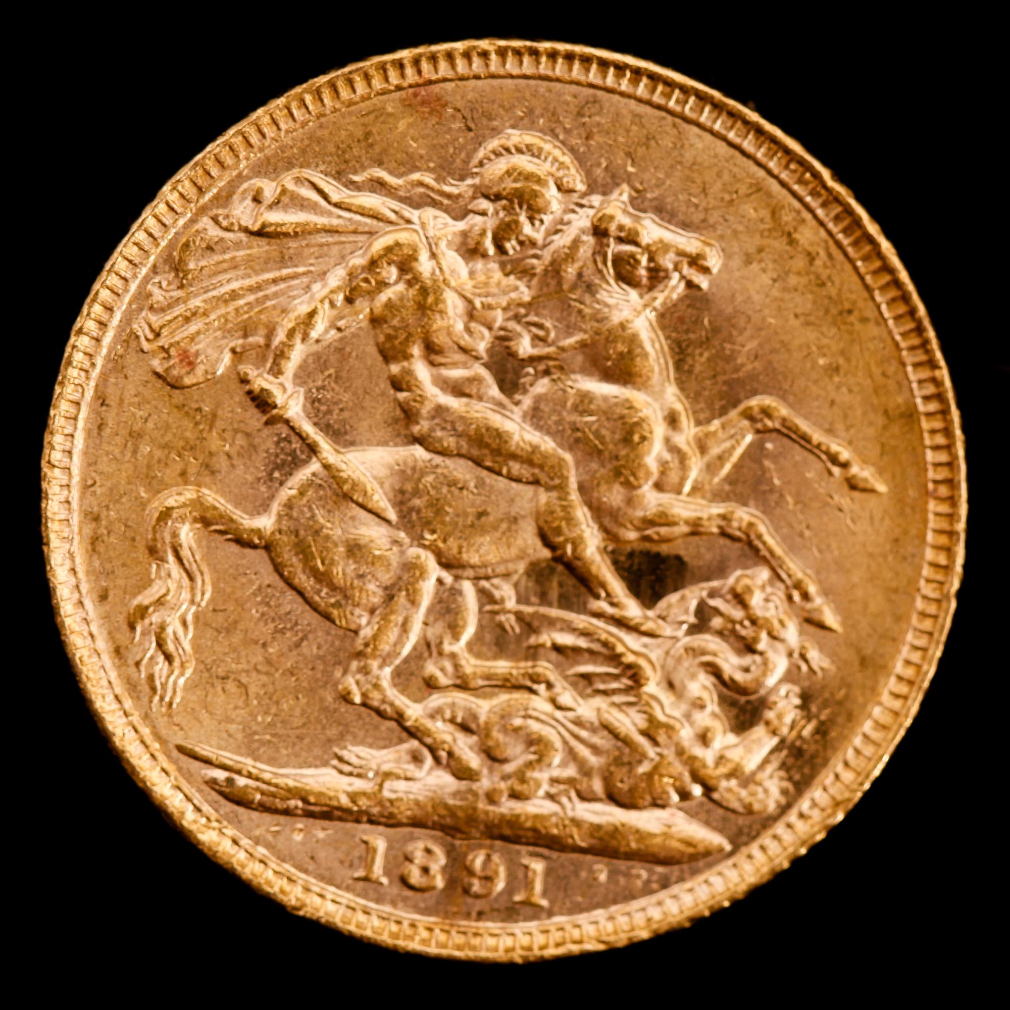 GULDMYNT, sovereign, Victoria, 1891. Vikt ca 8 g.