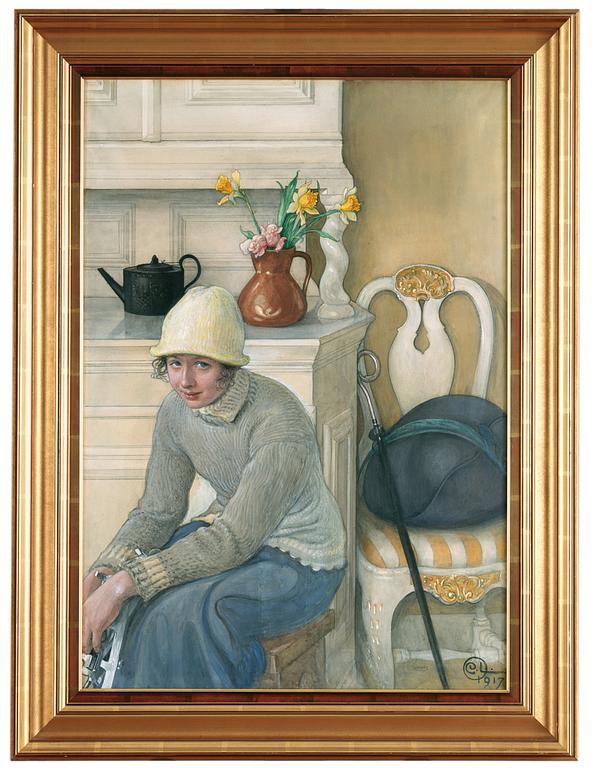 Carl Larsson, Girl with ice skates, interior from the school household, Falun.