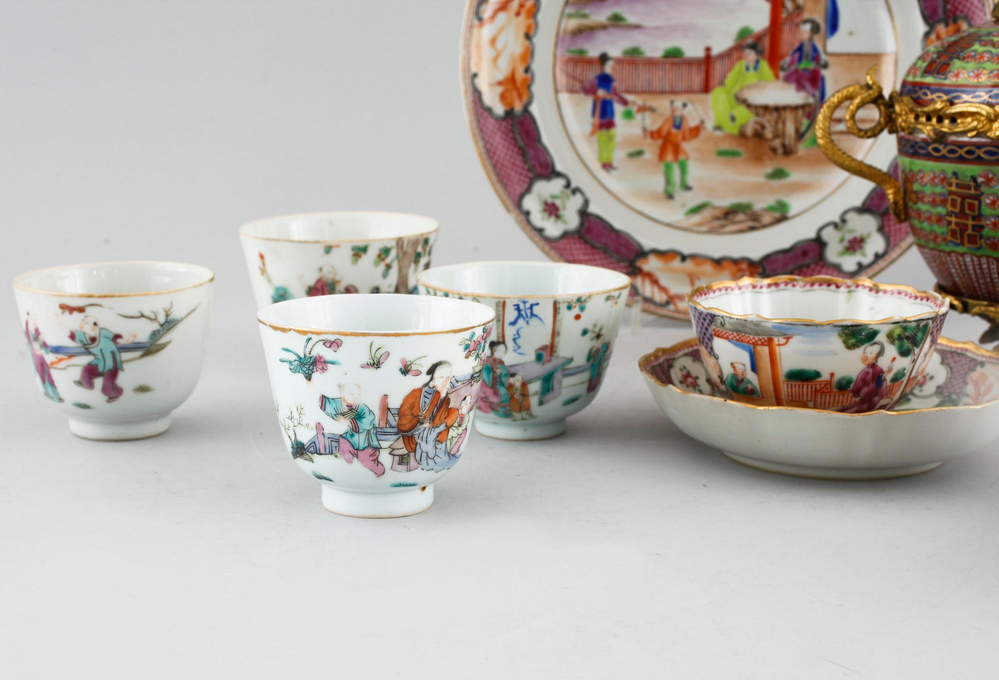 Three polychrome cups with barrels, three cups, one bowl with lid and one plate, Qing dynasty, 18/19th century.