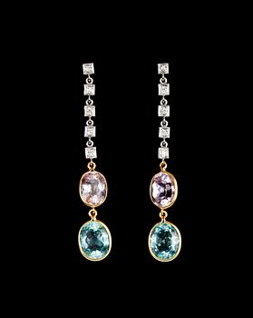 1051. A pair of aquamarine, kunzite and diamond earrings.