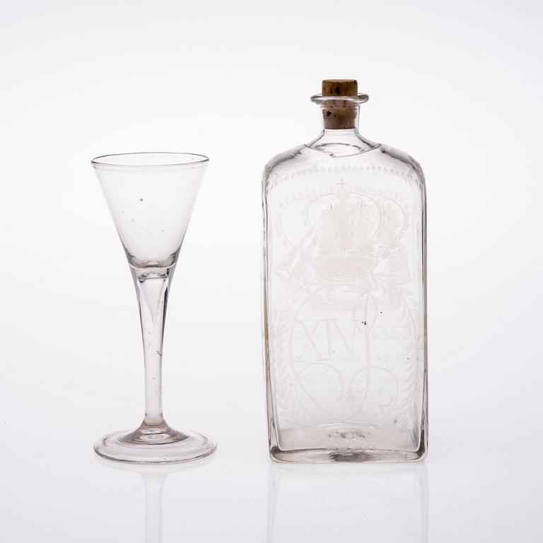 SPETSGLAS 1700-tal och BRÄNNVISKFLASKA, glas, 1800-tal.