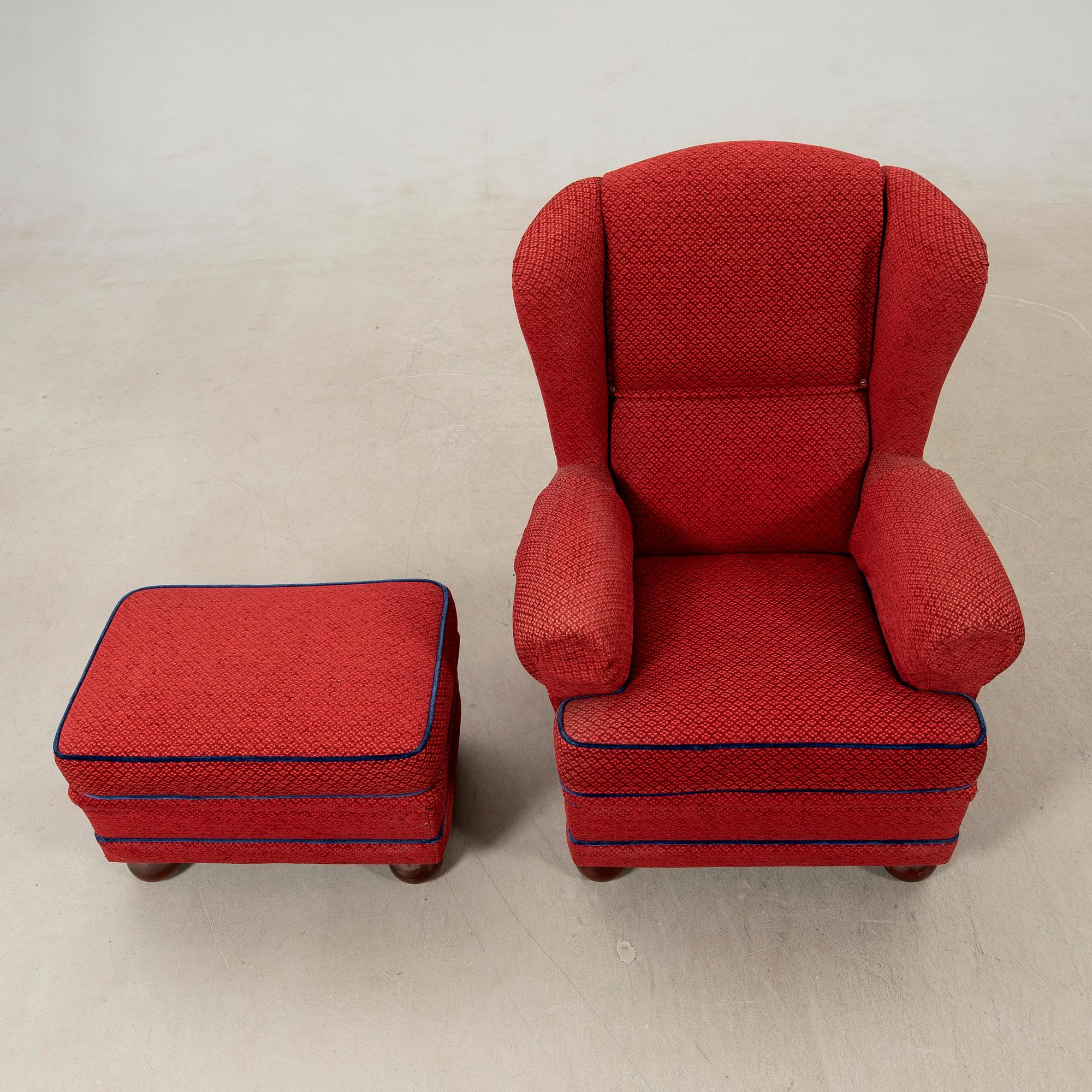 Armchair with footstool, modern production.