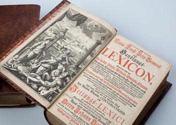 BÖCKER, 2 st, "Curieuses und Reales Natur, Kunst, Berg, Gewerck... Lexicon" samt "Reales Staats Zeitungs... Lexicon"  av Johann Hübner, Leipzig, 1739.