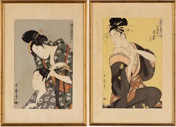 Utamaro Kitagawa (c.1753-1806), efter, färgträsnitt, 2 st, Japan, 1900-tal.