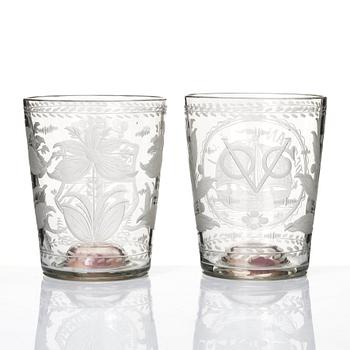 Two engraved Dutch glasses, late 18th Century.