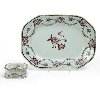 A Chinese famille rose porcelain serving dish and a salt, Qing dynasty, Qianlong (1736-95).