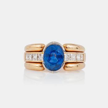 A sapphire, circa 3.60 cts, and diamond, circa 1.1 cts, ring.