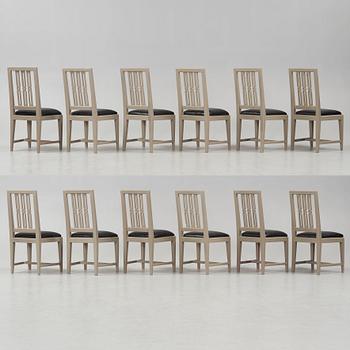 Twelve late Gustavian late 18th century chairs.
