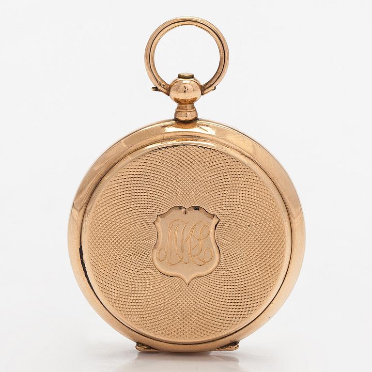 Pocket watch, Tobias, 34 mm, 14K gold, lever escapement, plastic crystal.