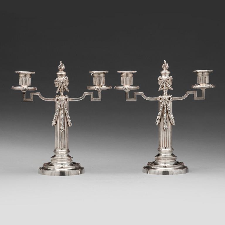 A pair of Fabergé, silver candelabra, workmaster Julius Rappoport, S.t Petersburg before 1899.