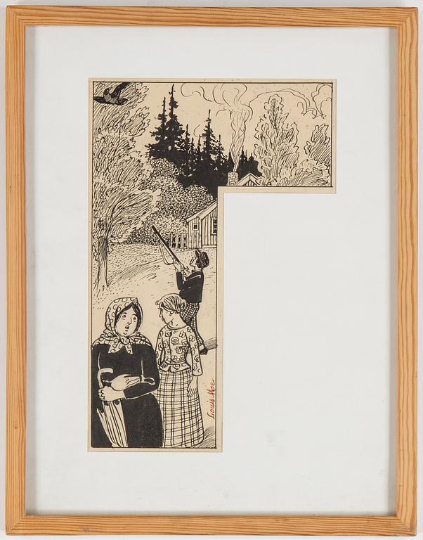 LOUIS MOE, teckningar, 5 st, signerade.