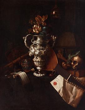 514. Pieter Gerritsz. van Roestraten, A vanitas still life with regalia, musical instruments, a reflecting imperial orb, a skull and bones and a charter group.