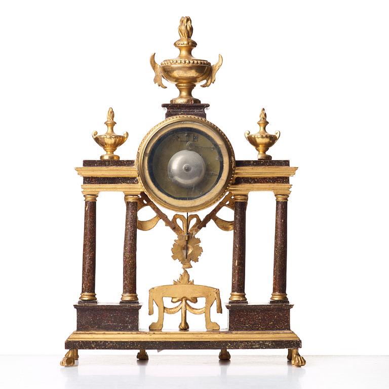 A late Gustavian porphyry imitation and gilt wooden mantel clock by Wilhelm Pauli (clockmaker in Stockholm 1795-1809).