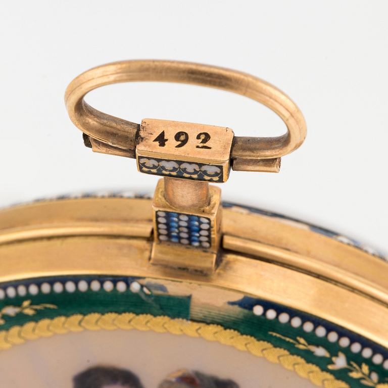 A Swiss or Hanau gold and enamel case pocket watch, first part of the 19th century.