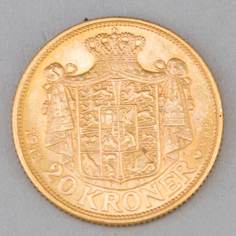 GULDMYNT, 20 kr, Christian X, Danmark, 1914.