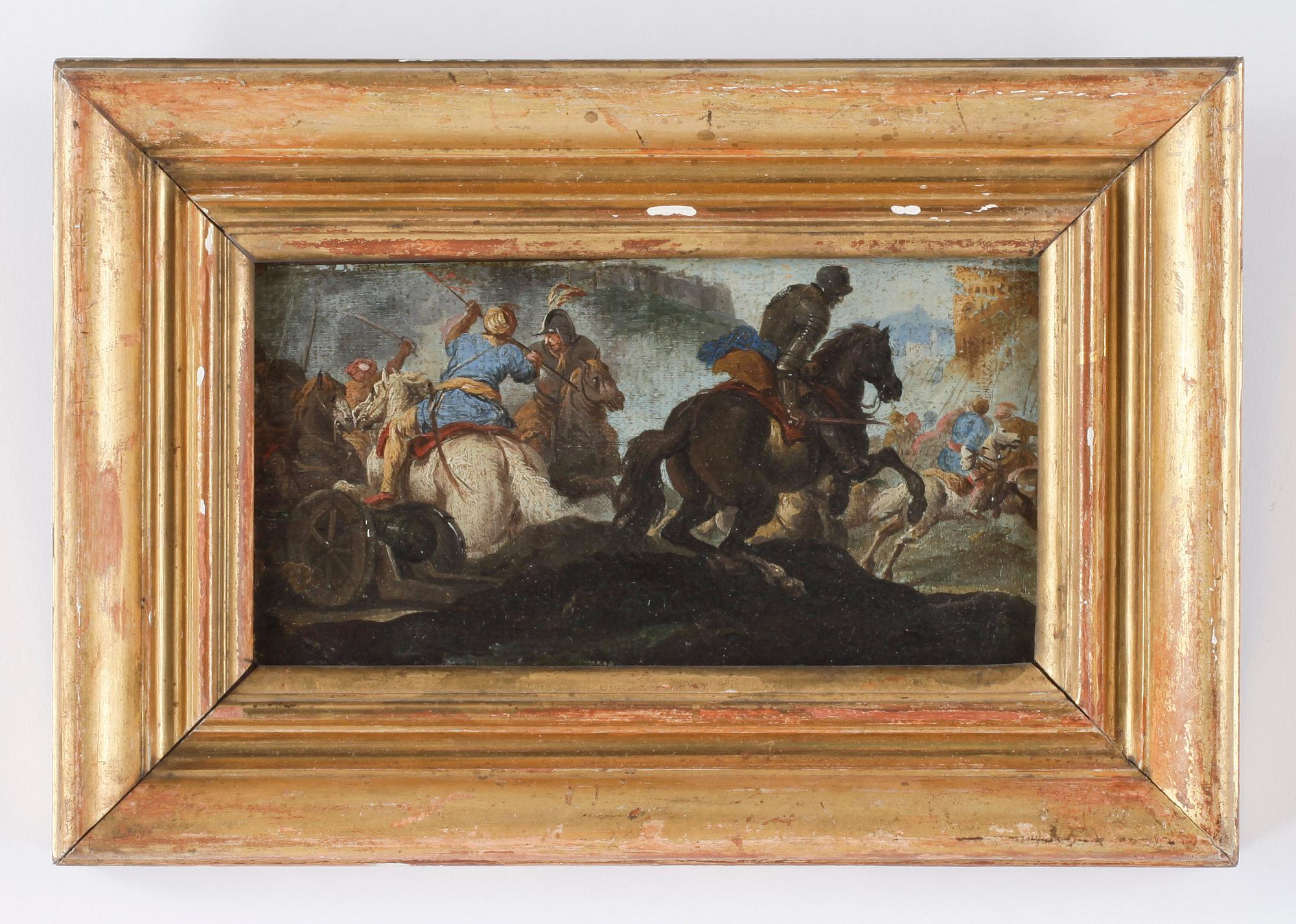 BATALJMÅLNING, olja på träpannå, möjligen Frankrike, 1800-tal.