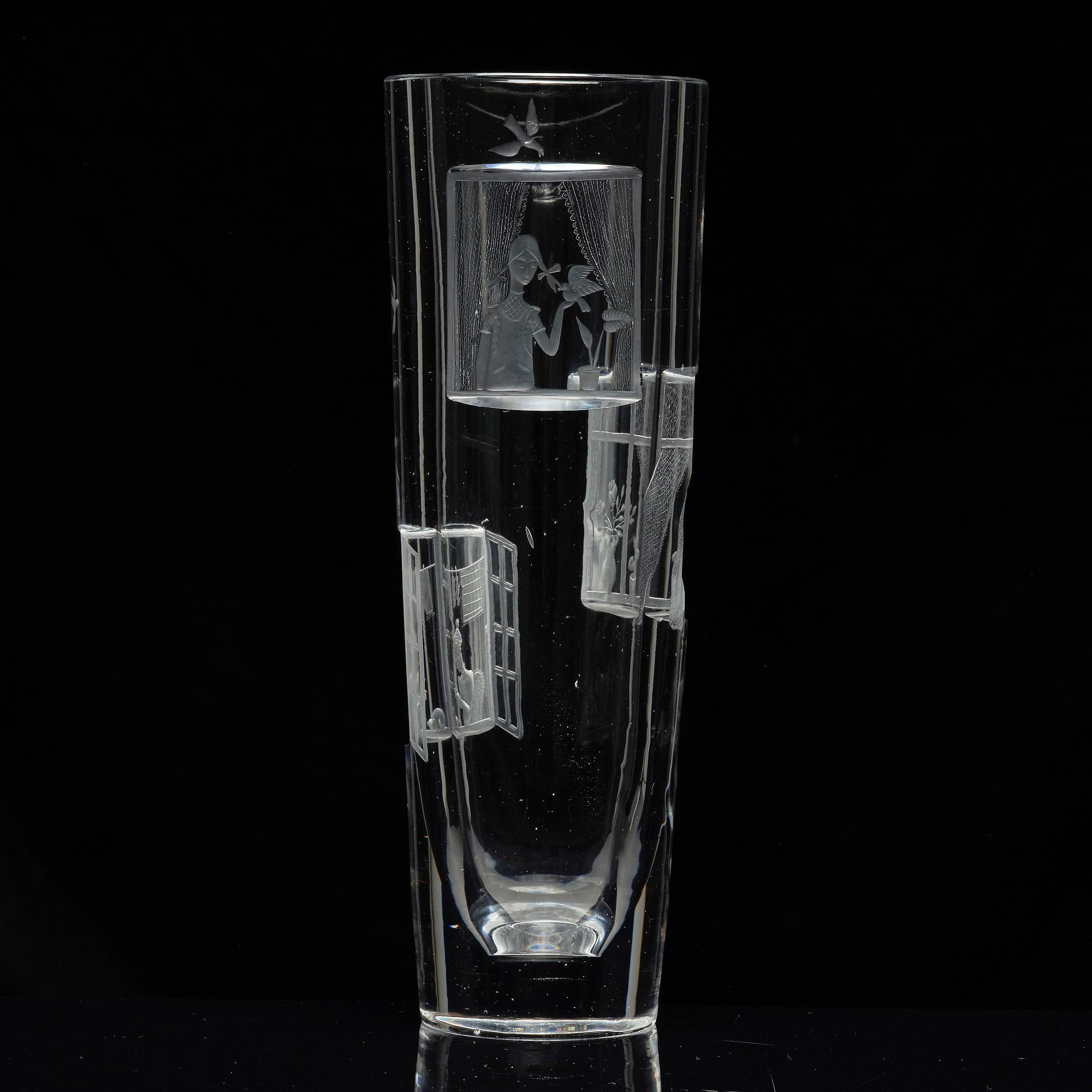 Tapio Wirkkala, a rare engraved "Finestra" glass vase, Iittala, Finland, 1947, model 3220, engraved by Theodor Käppi.