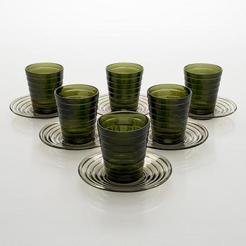 Aino Aalto, juomalaseja, 6 kpl, sekä lautasia, 6 kpl, "Bölgeblick", Karhulan lasitehdas 1930-luku.