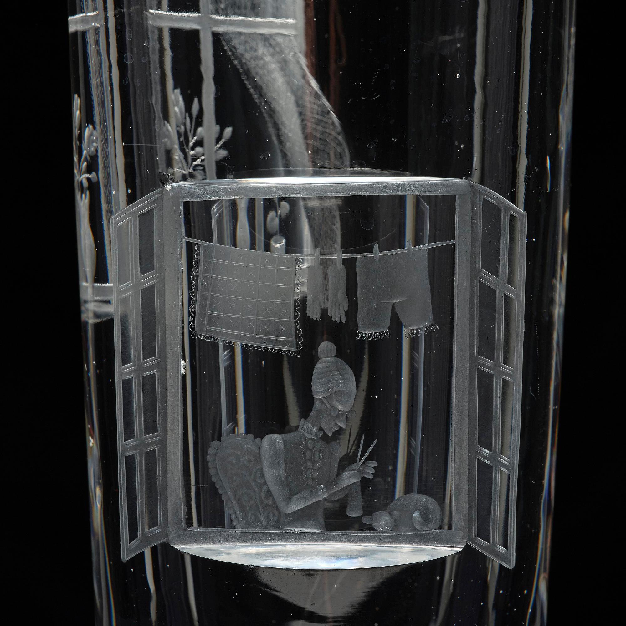 Tapio Wirkkala, a rare engraved "Finestra" glass vase, Iittala, Finland, 1947, model 3220, engraved by Theodor Käppi.
