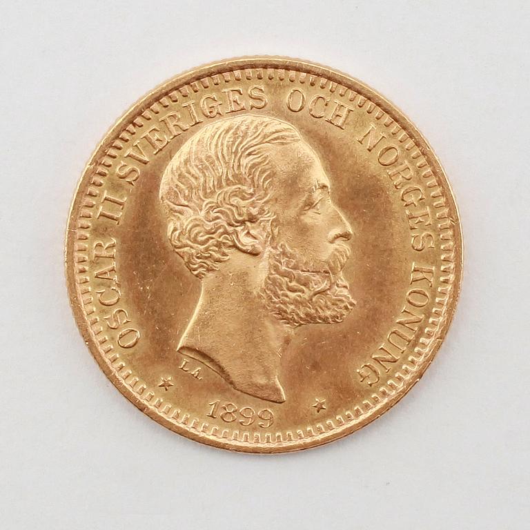 GULDMYNT, 20 kronor, Oscar 1899. Vikt ca 9 gram.