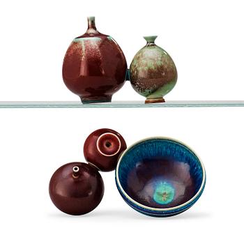 329. Two Berndt Friberg stoneware groups of vases and bowl, Gustavsberg Studio.