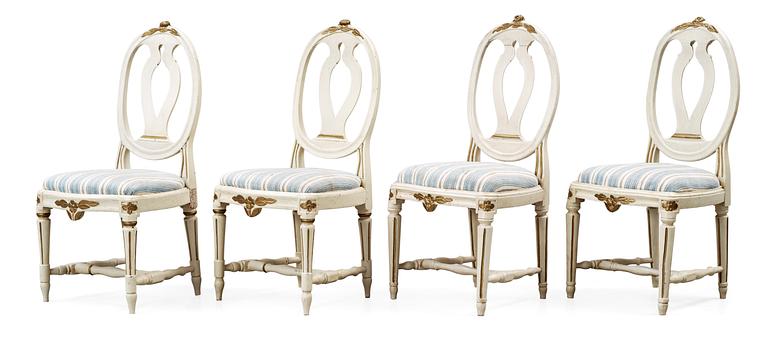 Four matched Gustavian chairs (2+2) by M. Lundberg and C. F. Flodin.
