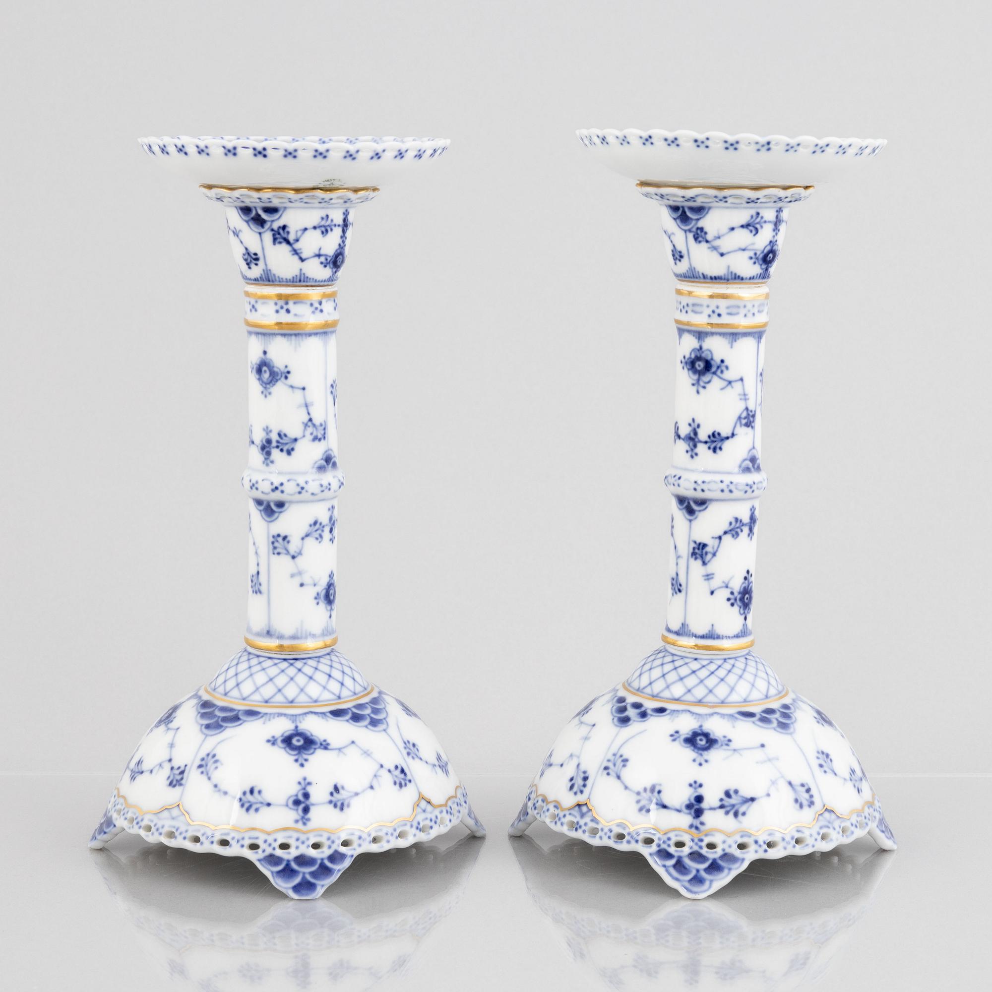 A pair of 'Blue Fluted Full Lace' porcelain Candle sticks, Royal Copenhagen, model number 1008, post 1923.
