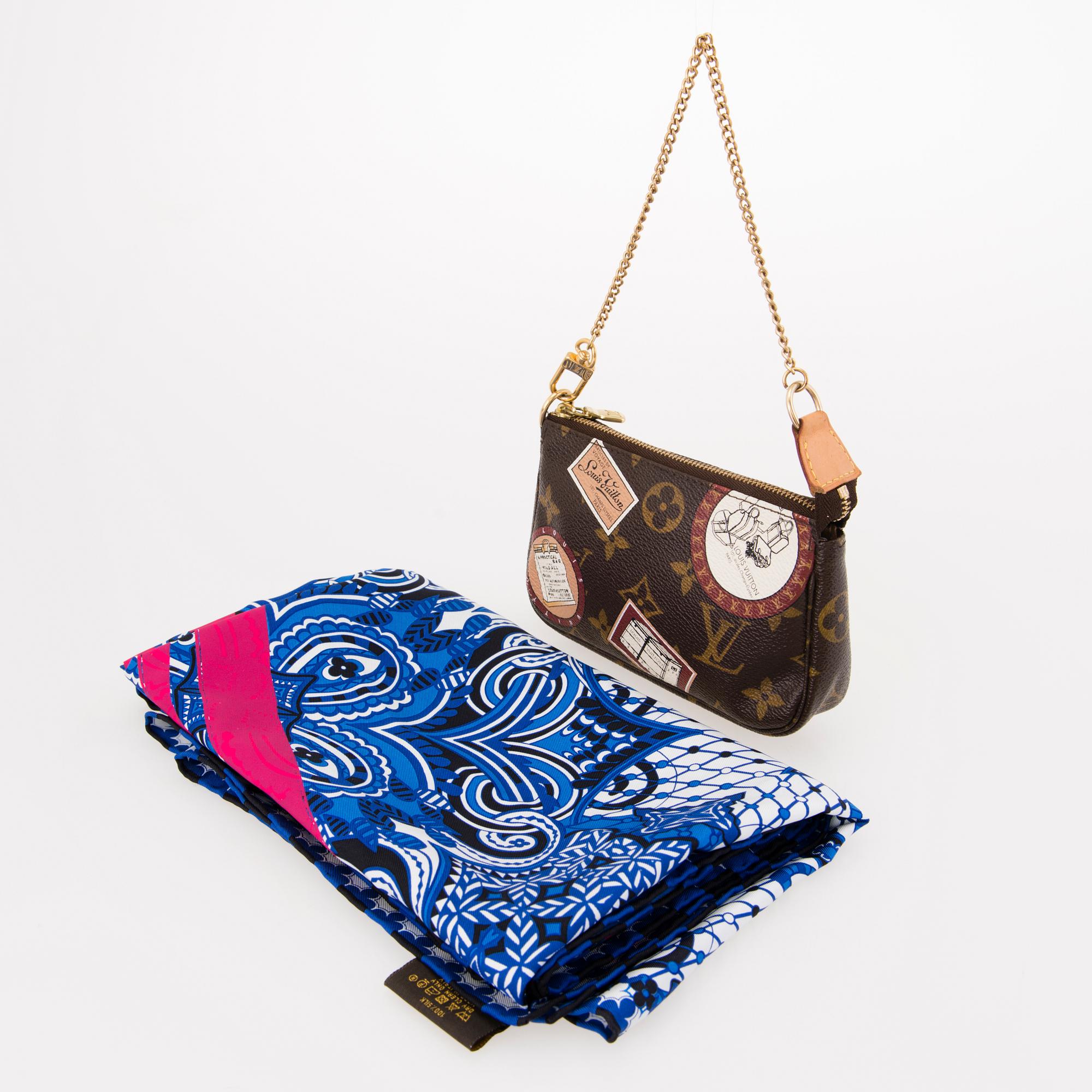 LOUIS VUITTON Silk Scarf with Monogram Patch Mini Pochette Bag.
