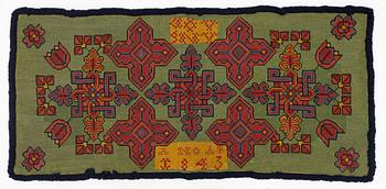 A carriage cushion, cross-stitch embroidered, Southwestern Scania, dated 1843.