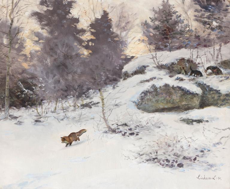 Lindorm Liljefors, Winter landscape with fox.