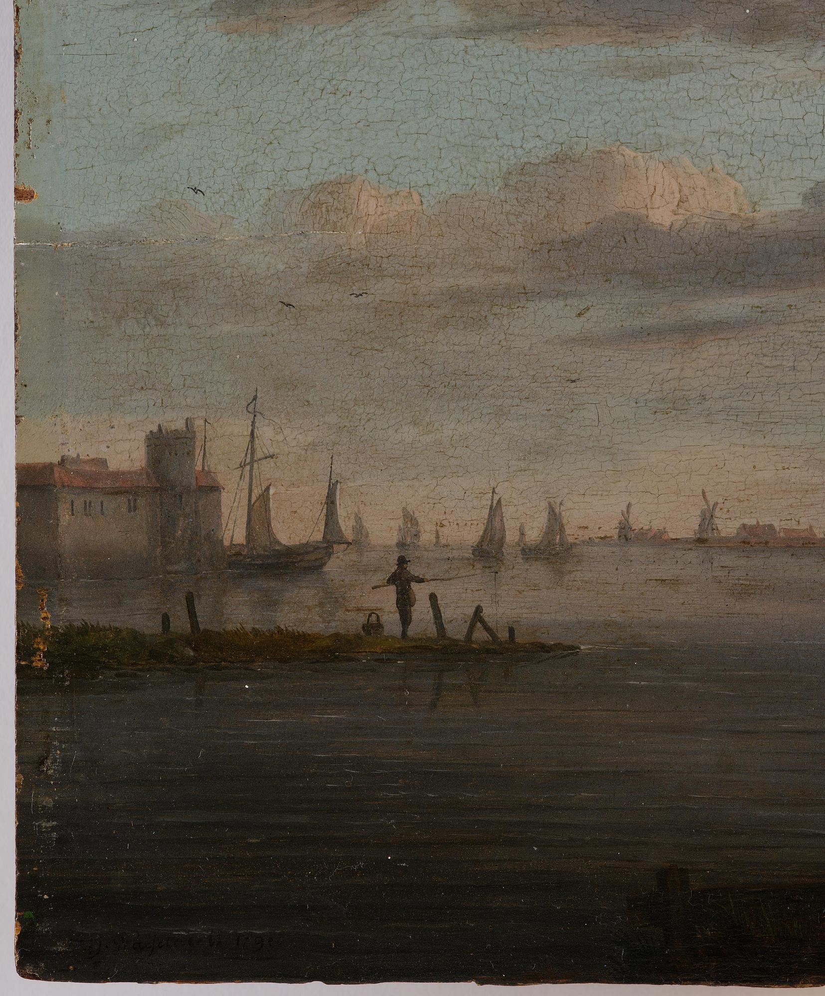 Marten Jacobus Waefelaerts, A river landscape with boats, figures, a castle and a town beyond.