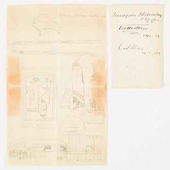Carl Milles, drawing, pencil and autograph.