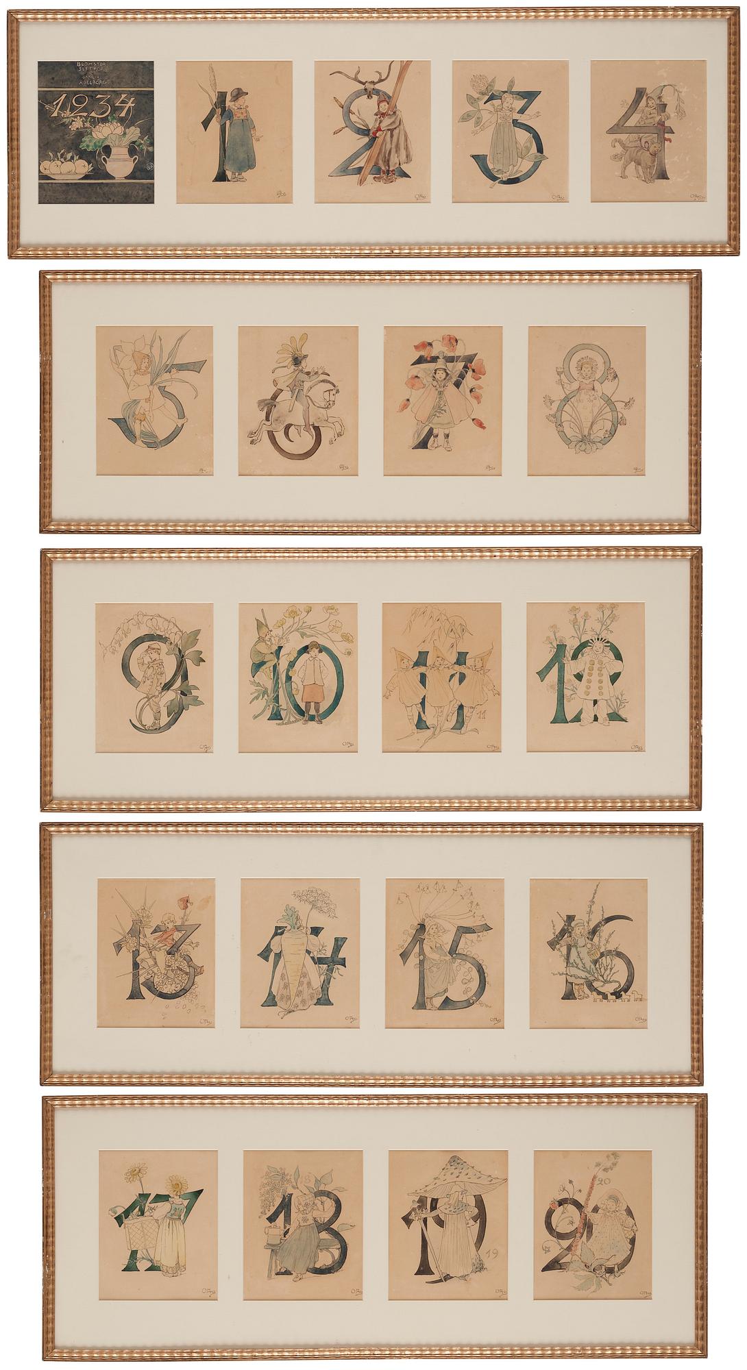 Ottilia Adelborg, "Blomstersiffror med rim", 20 + 1 pcs.