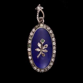 HÄNGE, silver, blå emaljering, färglösa stenar. 1900-talets början.