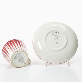 Eugen Trost, Three 'Red Zebra' cream-ware coffee cups on saucers, Uppsala-Ekeby Gefle.