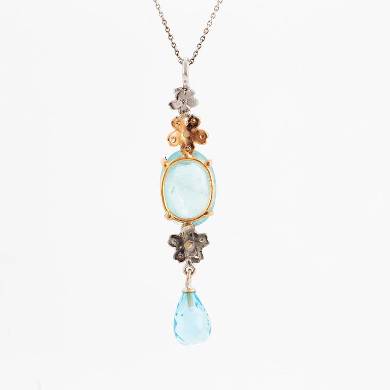 Cabochon-cut aquamarine, briolette-cut topaz, pearl and diamond necklace.