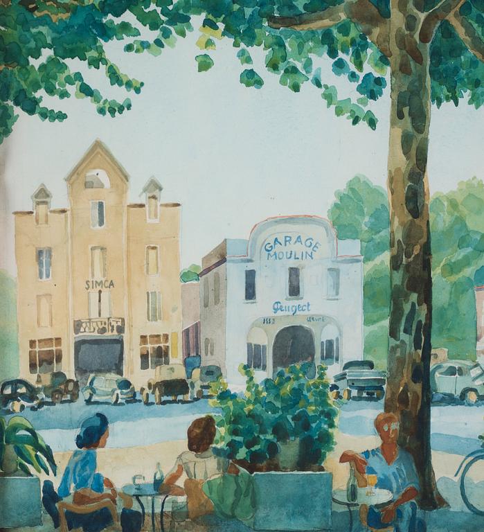 Josef Frank, a watercolour, a scene from a café in a French village, not signed.