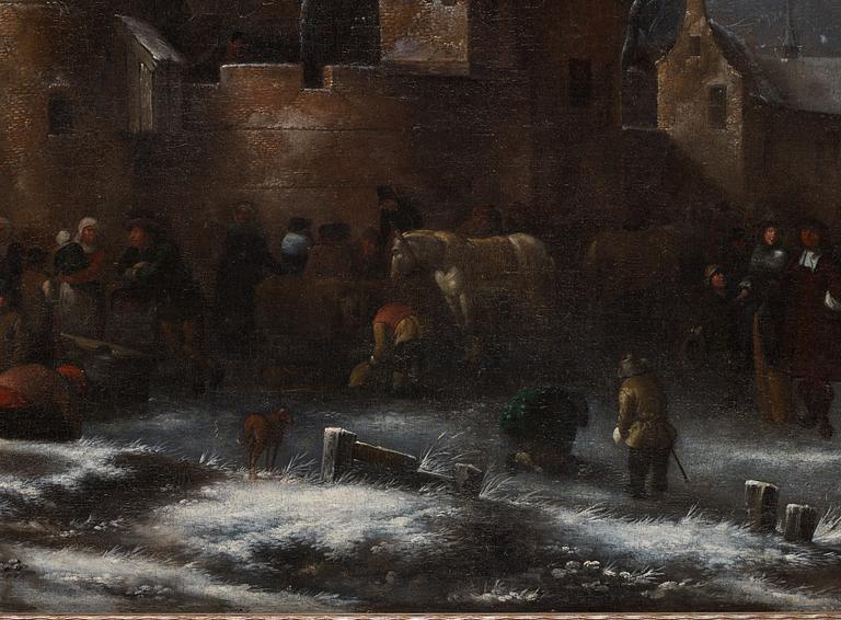 Klaes (Nicolaes) Molenaer Attributed to, Winterlandscape with figures outside the city wall.