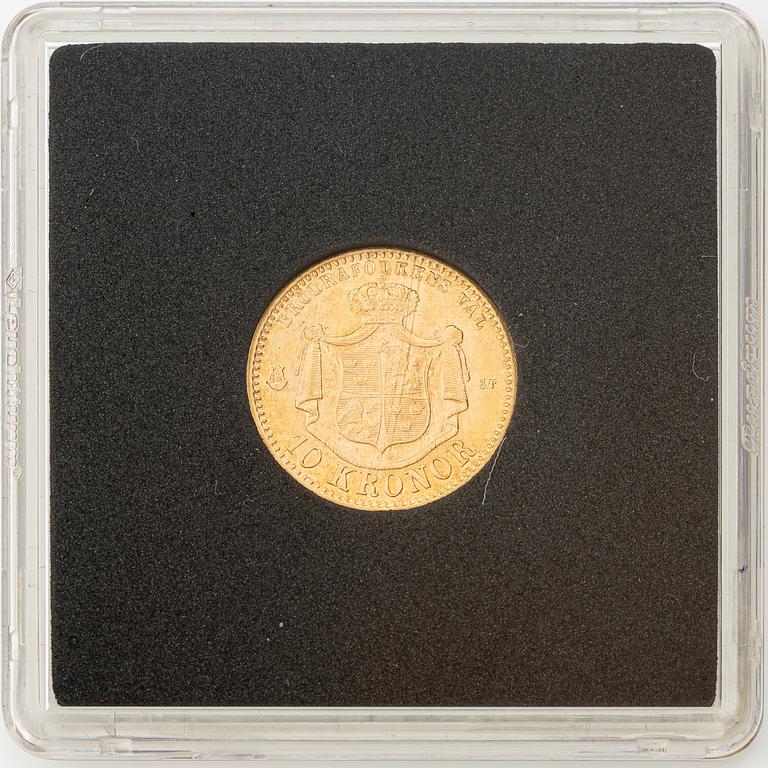 Gold coin, Oscar II, 10 kronor, type I, Sweden 1873.