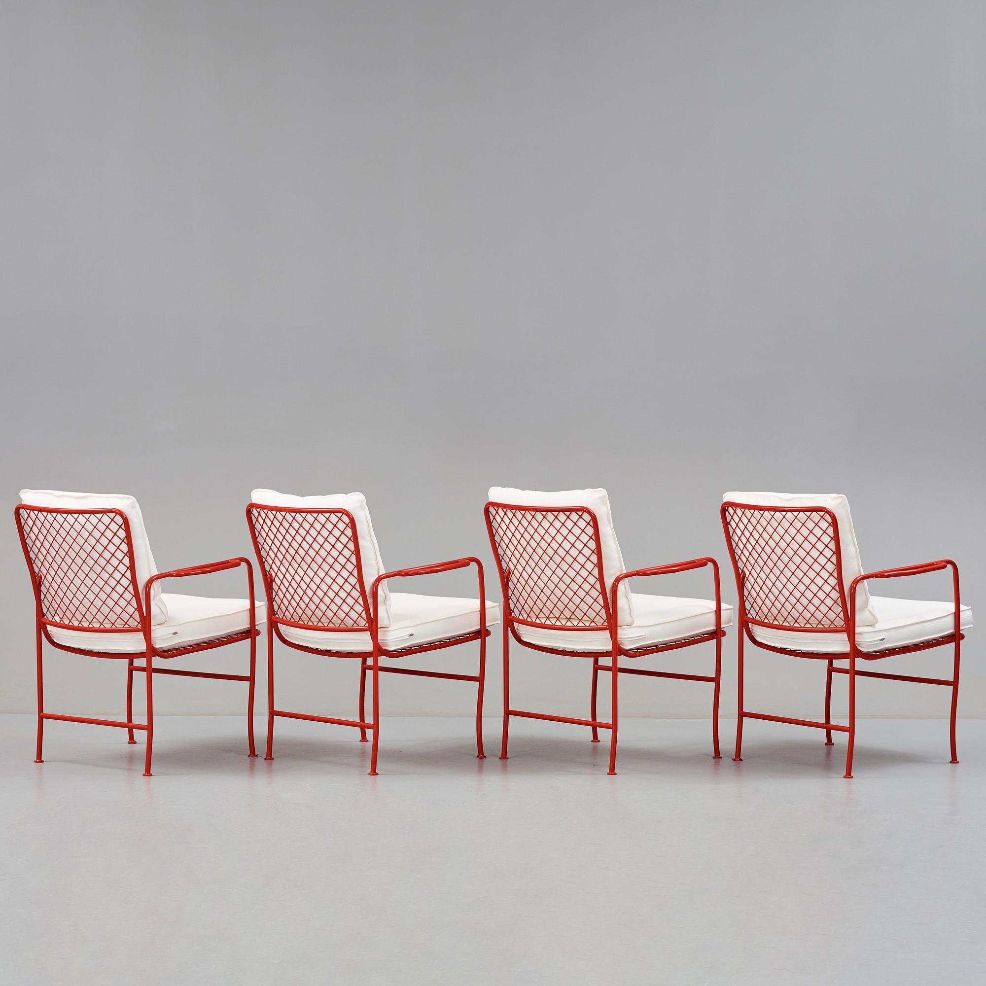 JOSEF FRANK, a set of four red lacquered steel garden chairs, model 591, Svenskt Tenn Sweden.