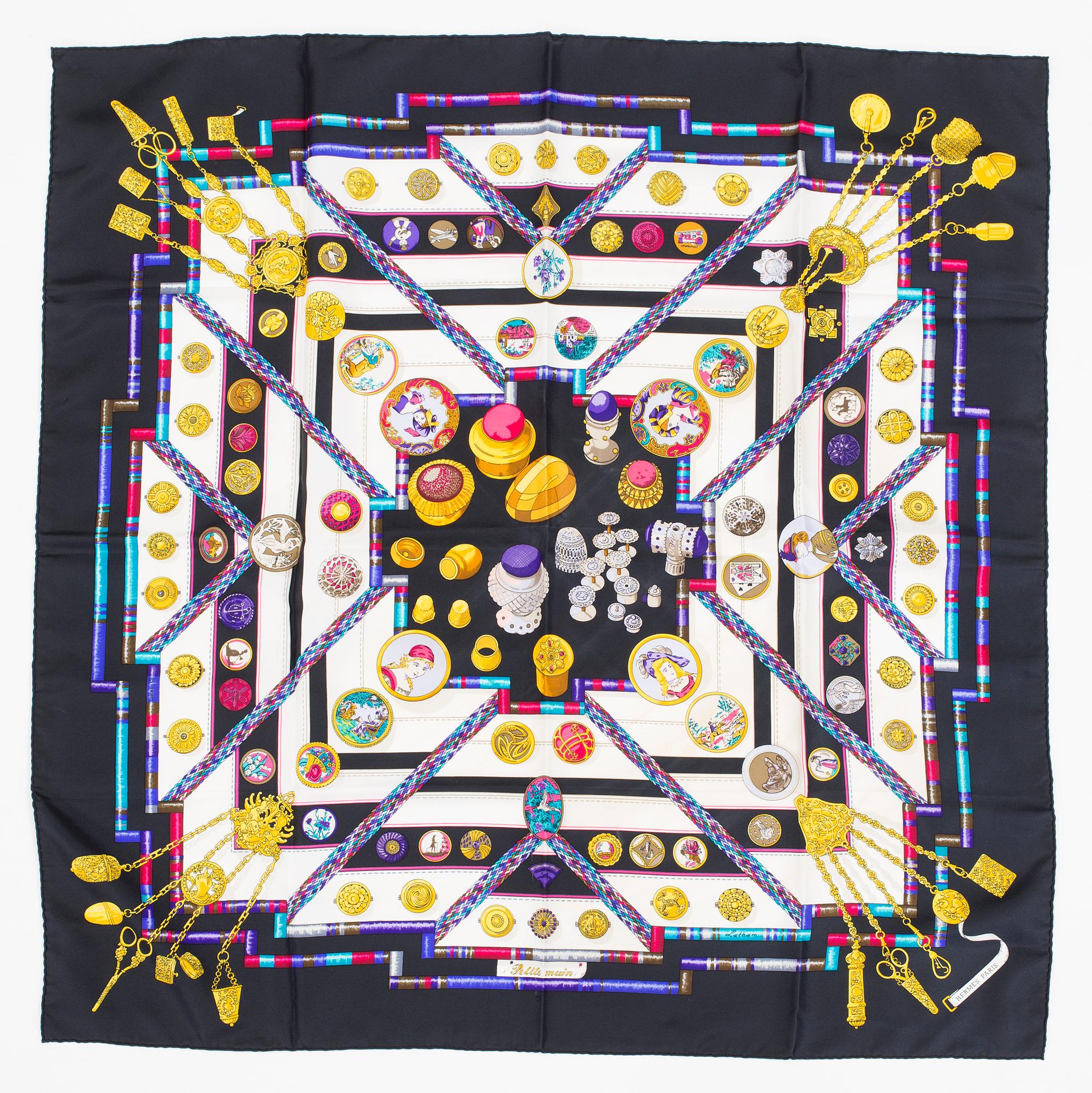 Silk scarf from Hermès in pattern "Petite main" designed by Caty Latham in 1987.