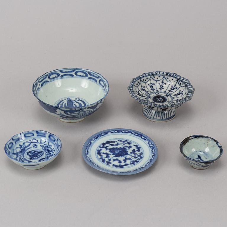 A group of Chinese blue and white ceramics for the South East Asian market, circa 1900.