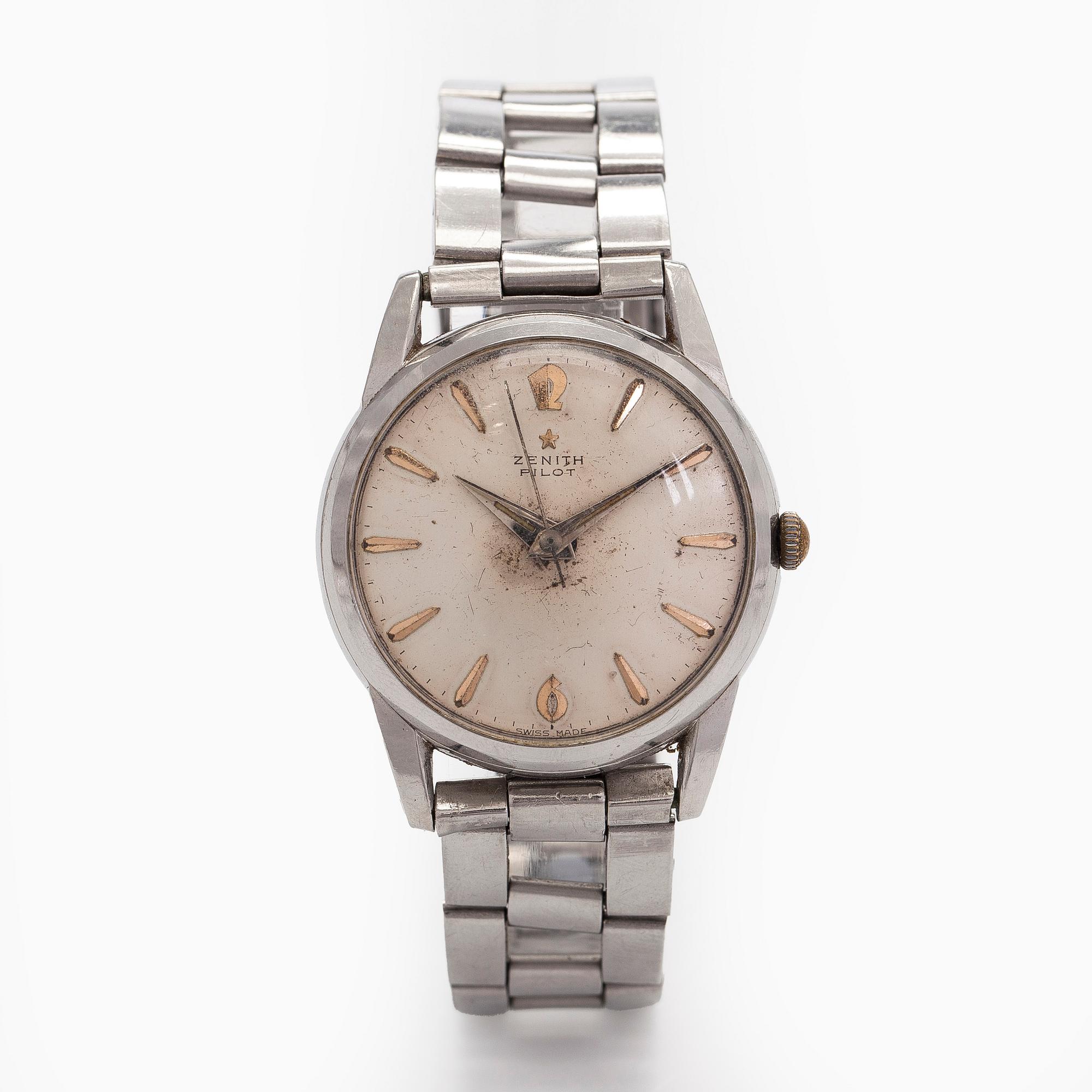Zenith, Pilot, rannekello, 34 mm, teräs, manuaalinen, pleksilasi, 1950-luku.